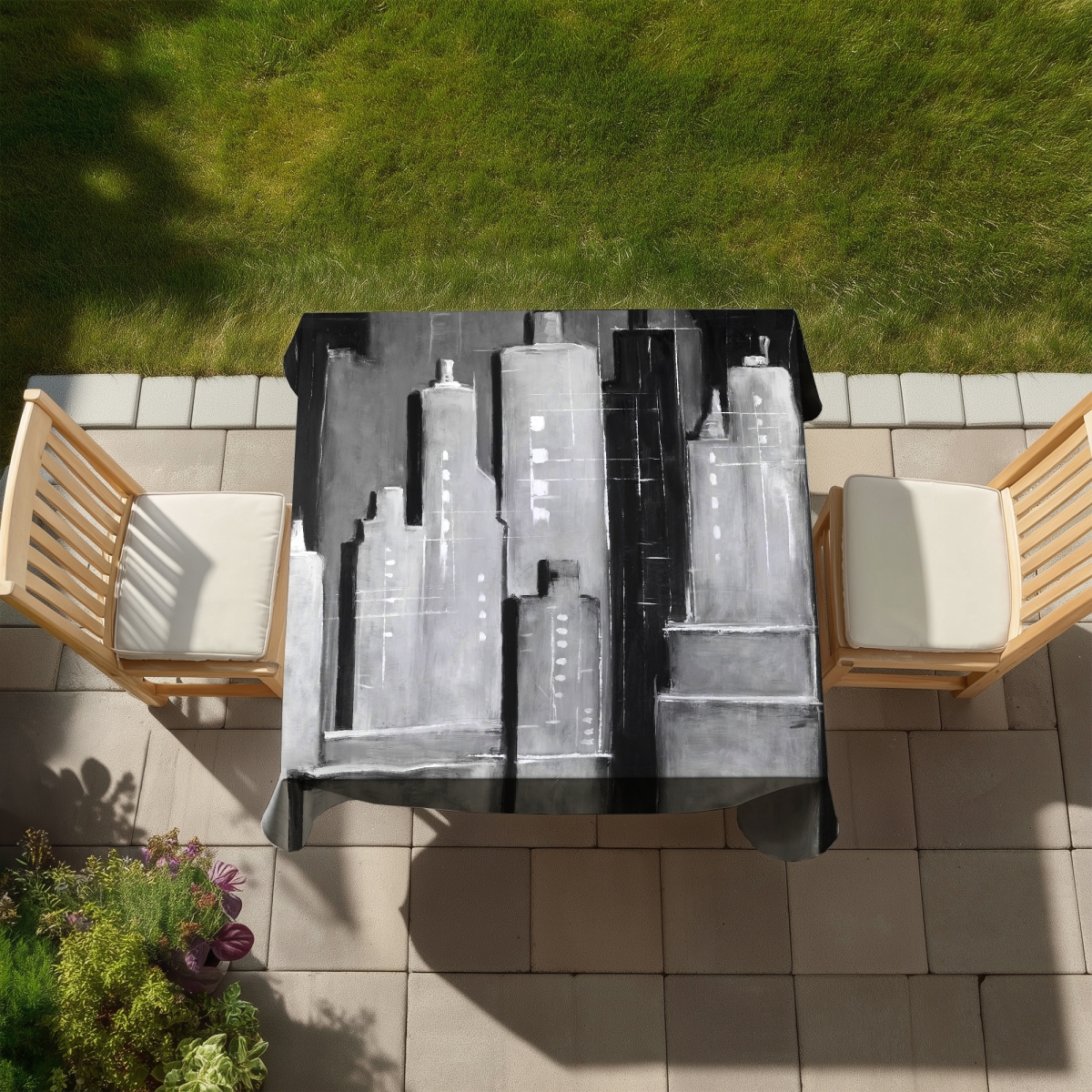 Picture of Begin Home Decor C1TC5858AP3PKX 58 x 58 in. Abstract Black & White Buildings Tablecloth - Indoor & Outdoor Decor