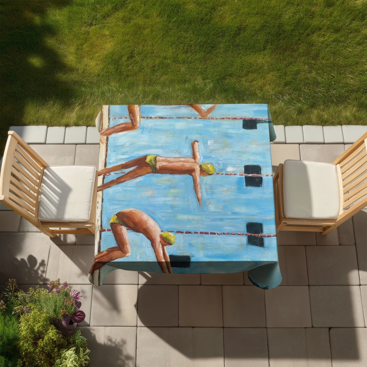 Picture of Begin Home Decor C1TC5858447333 58 x 58 in. Swimmers Tablecloth - Blue Figurative Decor for Man Cave