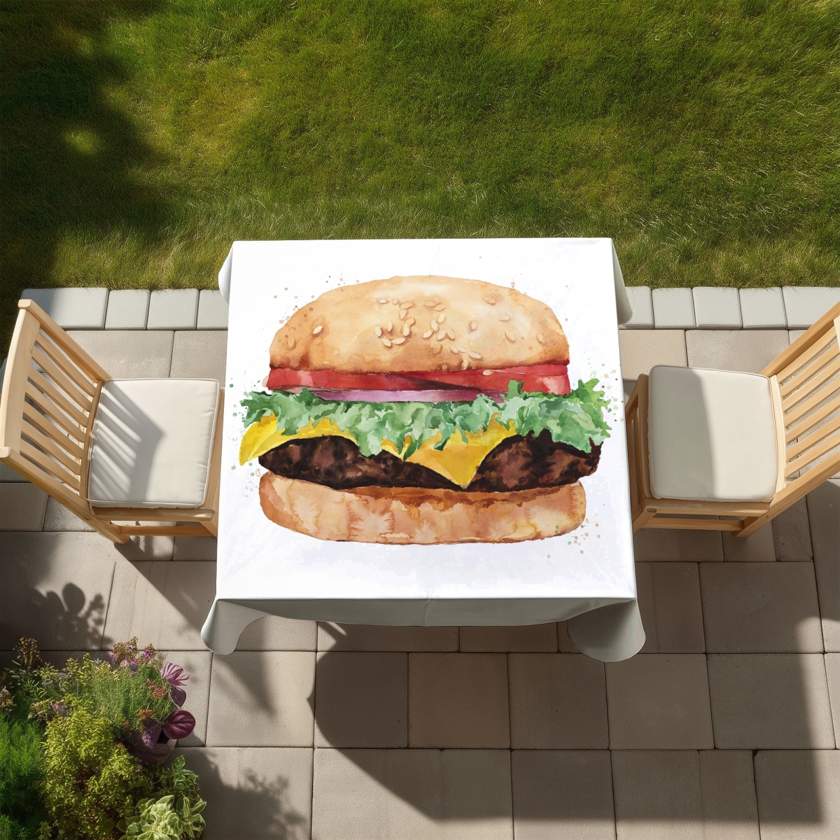 Picture of Begin Home Decor C1TC5858MOOX1U 58 x 58 in. Watercolor Cheeseburger Tablecloth - Brown Kitchen Decor