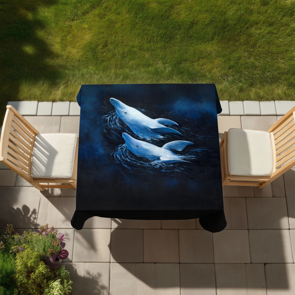 Picture of Begin Home Decor C1TC58582XUN5A 58 x 58 in. Blue Dolphin Tablecloth - Indoor & Outdoor Home Decor