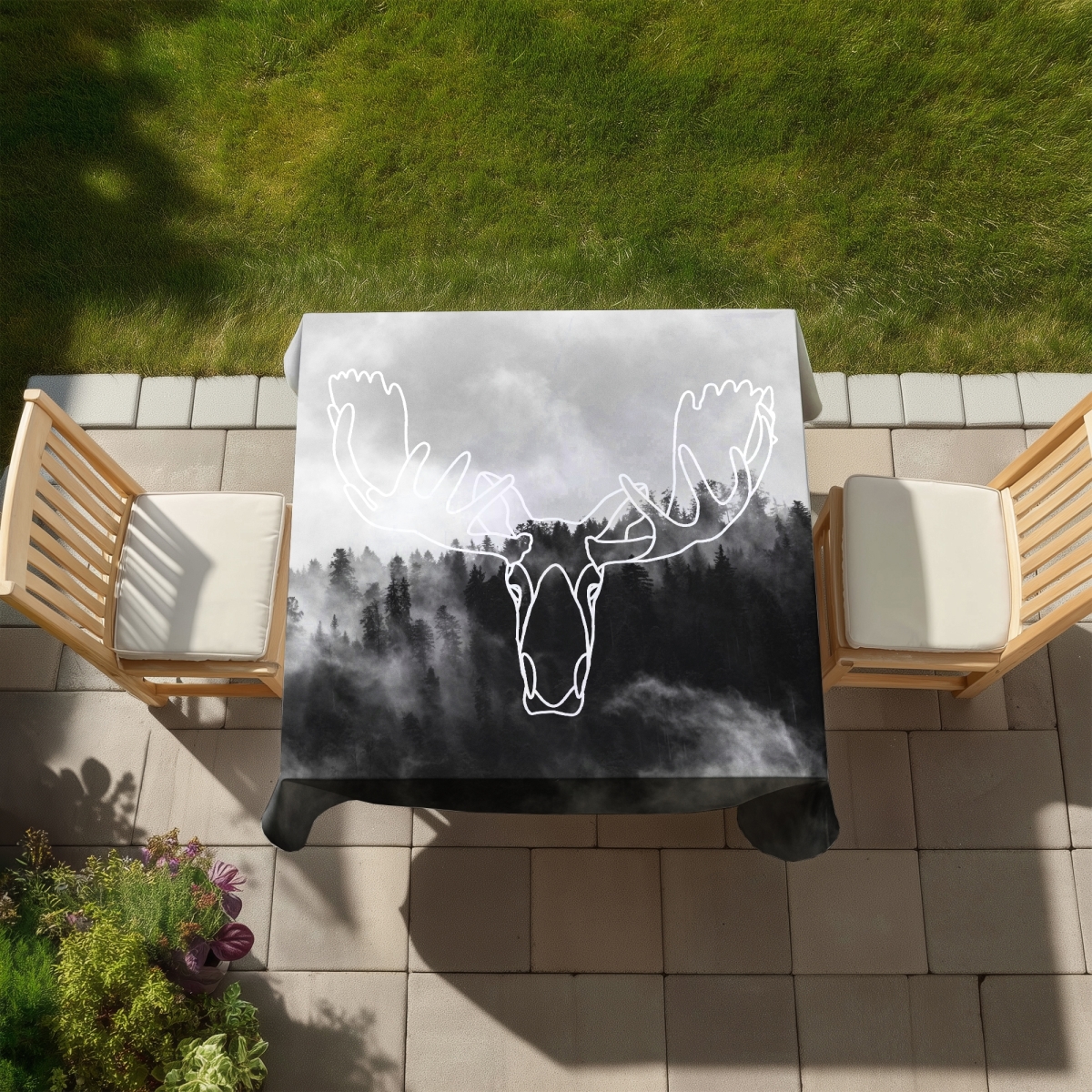 Picture of Begin Home Decor C1TC58583BMNUJ 58 x 58 in. Minimalist Moose Head Tablecloth - White Deer Design Decor