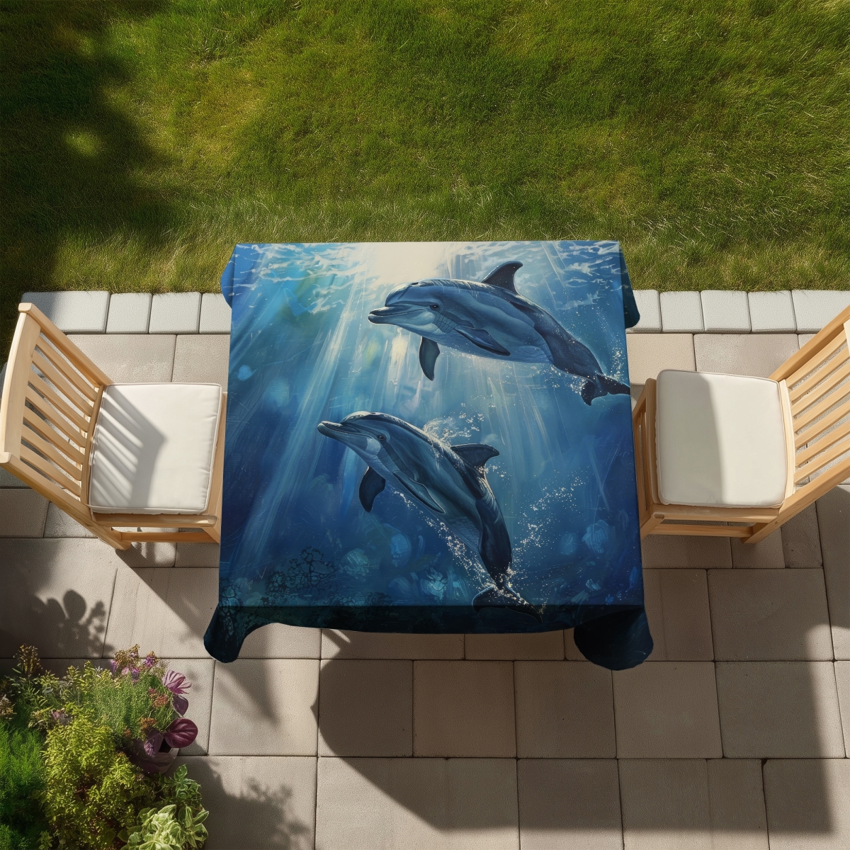 Picture of Begin Home Decor C1TC5858V64Z88 58 x 58 in. Two Dolphins Indoor & Outdoor Tablecloth - Home Decor Essential