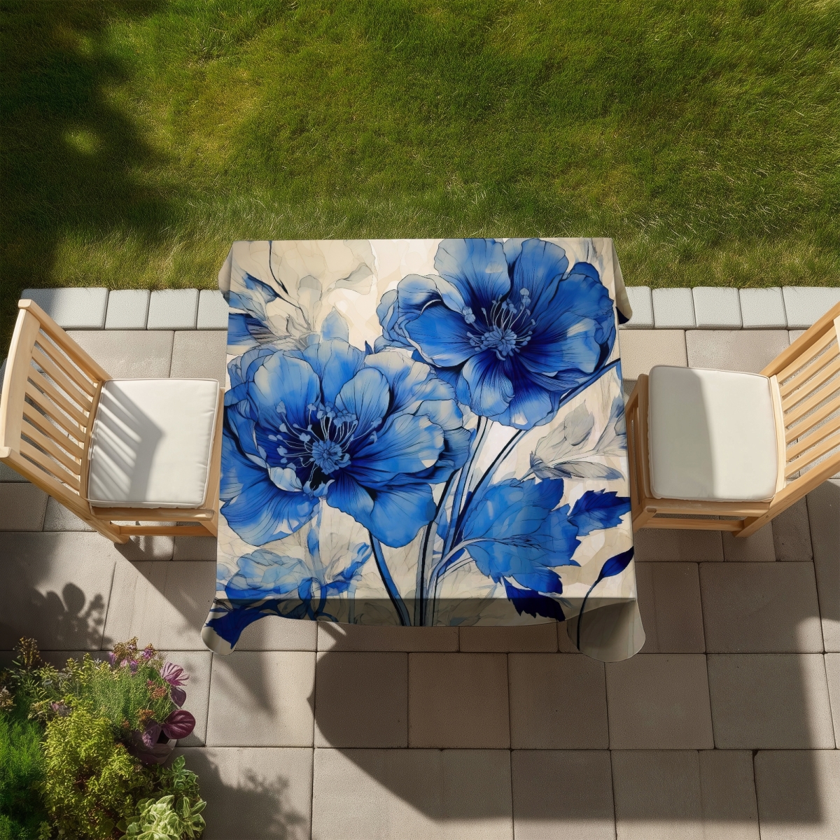 Picture of Begin Home Decor C1TC5858OSJZK9 58 x 58 in. Flooded Flowers Blue Tablecloth - Indoor & Outdoor Home Decor