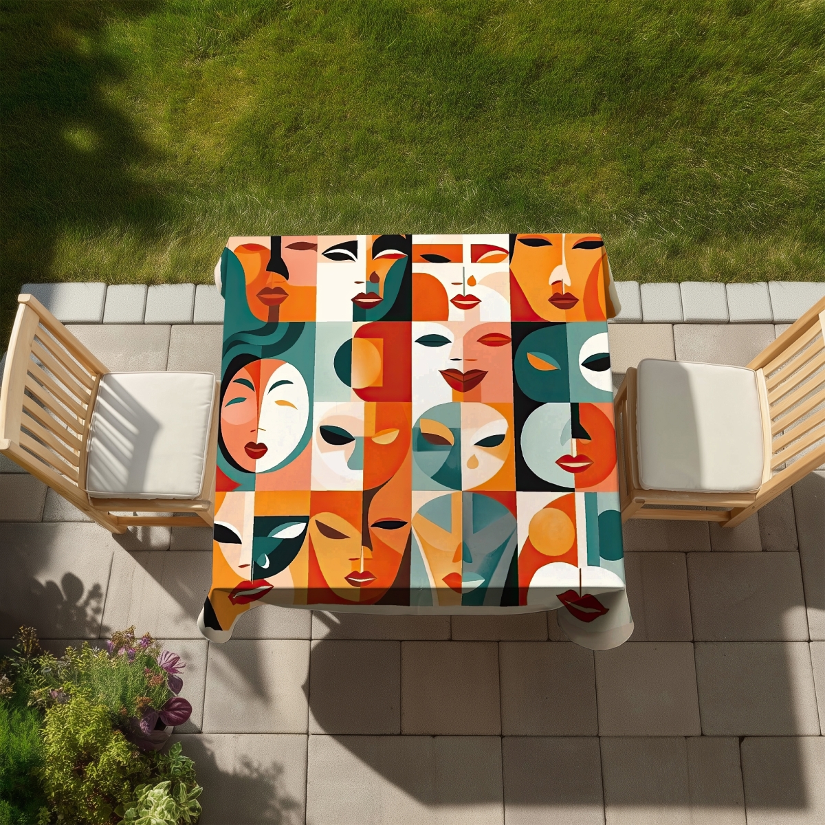 Picture of Begin Home Decor C1TC5858G7LM4W 58 x 58 in. Shapes Bedroom Tablecloth - The Faces - Indoor & Outdoor Decor
