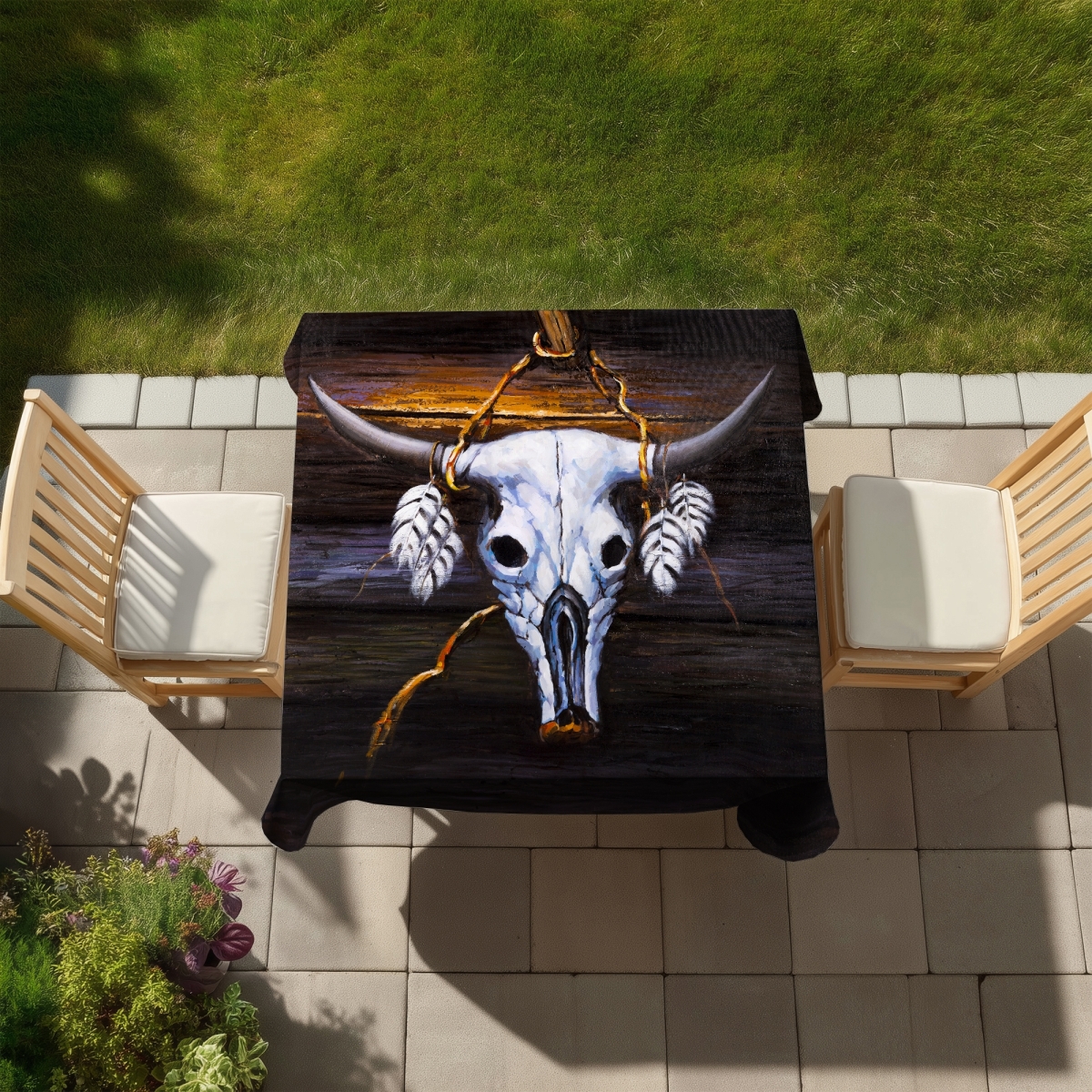 Picture of Begin Home Decor C1TC5858HAUF7O 58 x 58 in. Hanged Bull Skull Farm Animals Tablecloth - Indoor & Outdoor Decor