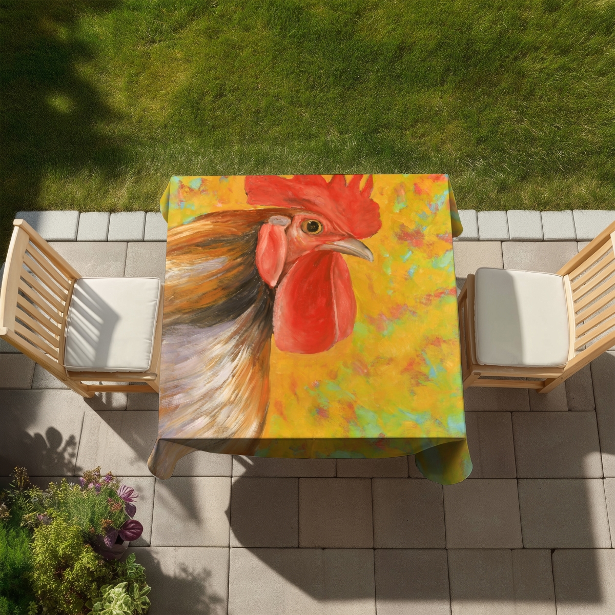 Picture of Begin Home Decor C1TC585850S08Q 58 x 58 in. Colorful Rooster Tablecloth - Yellow Animals Indoor & Outdoor