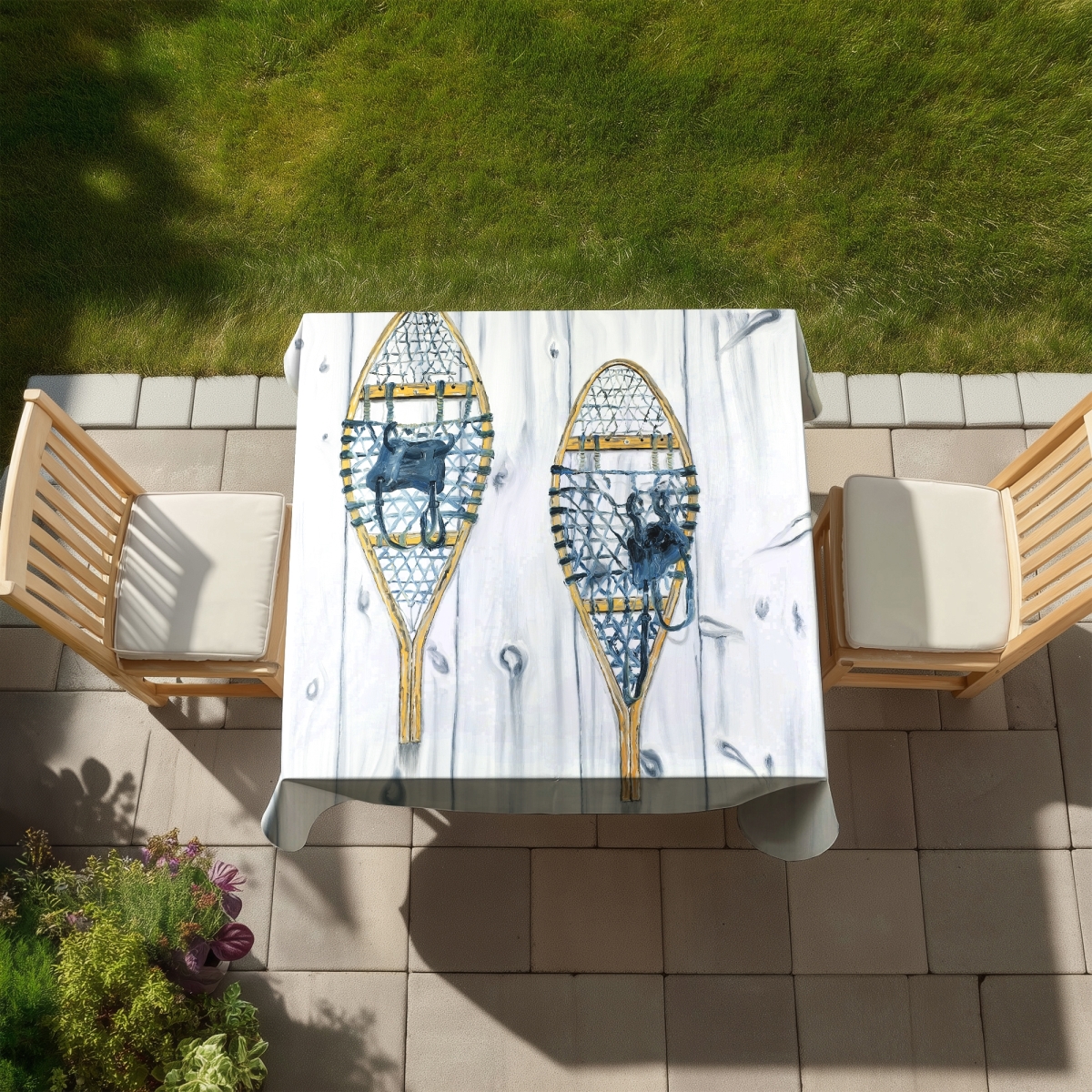 Picture of Begin Home Decor C1TC58589N4T77 58 x 58 in. Rustic Blue Tablecloth with Vintage Wood Snowshoes Decor