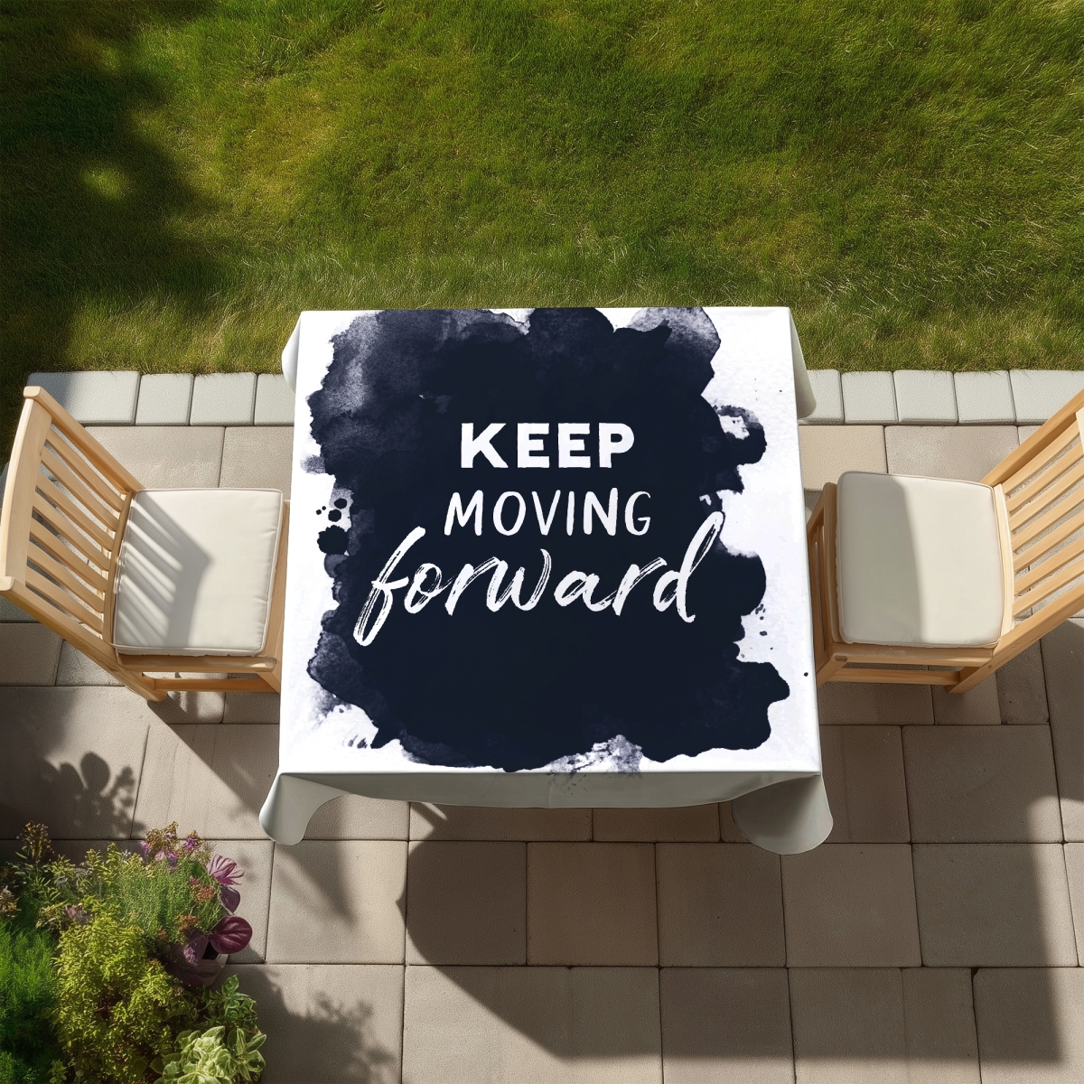 Picture of Begin Home Decor C1TC5858TXTEHC 58 x 58 in. Keep Moving Forward Blue Minimalist Tablecloth - Home Decor