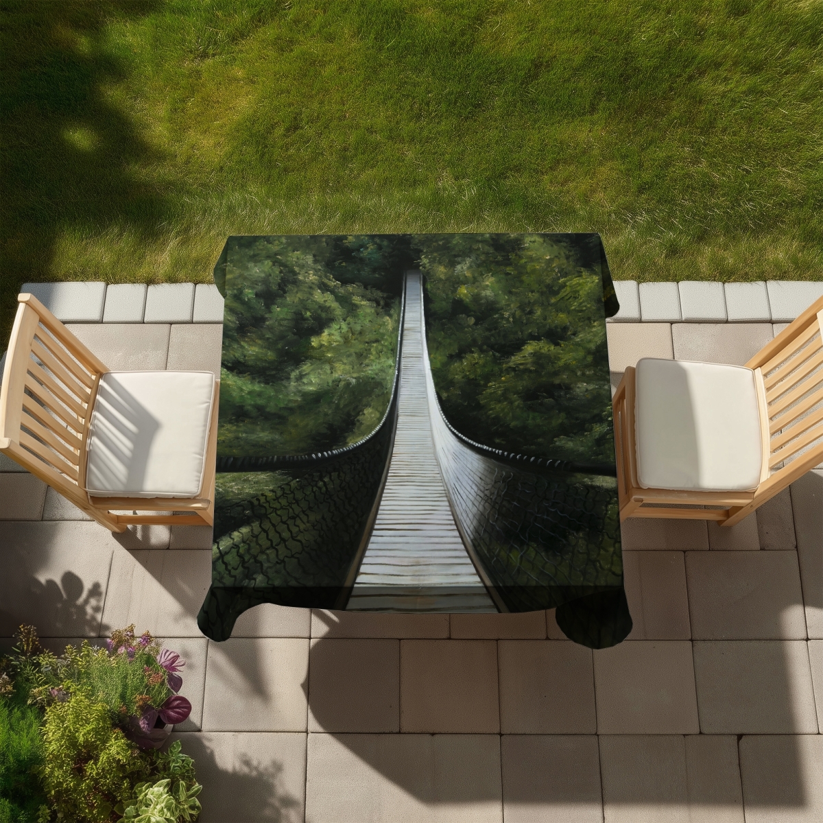 Picture of Begin Home Decor C1TC5858PKVTW8 58 x 58 in. Modern Gray Tablecloth - Suspended Bridge in Forest Decor