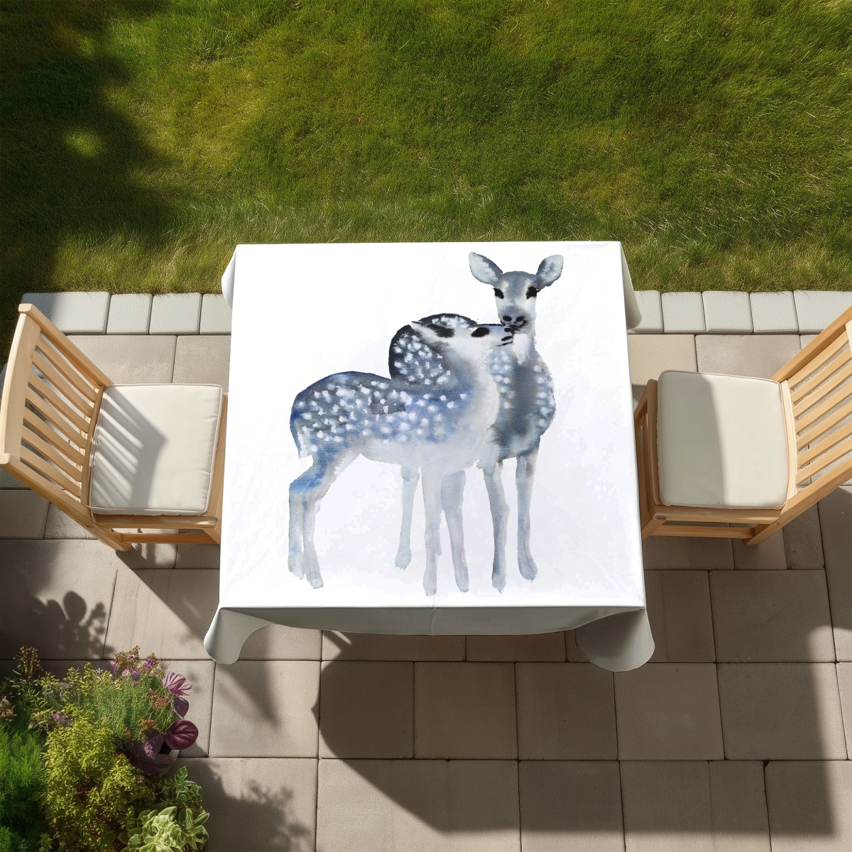 Picture of Begin Home Decor C1TC5858IY2BW1 58 x 58 in. Blue Fawns Love Tablecloth - Minimalist Animals Home Decor