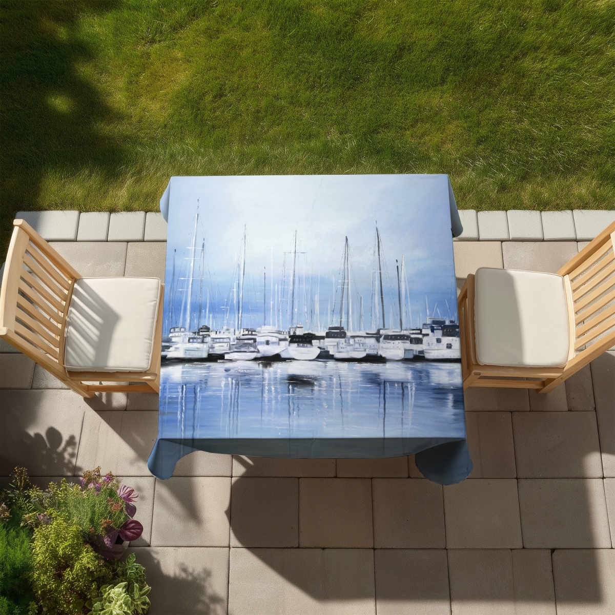 Picture of Begin Home Decor C1TC5858QTW9SL 58 x 58 in. Coastal Marine Boat Tablecloth - Boats at the Dock Decor