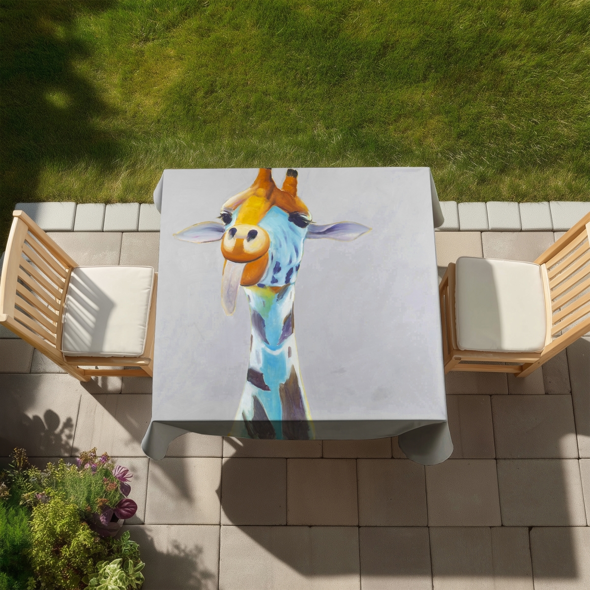 Picture of Begin Home Decor C1TC58588OA2LM 58 x 58 in. Funny Giraffe Wildlife Animals Blue Tablecloth - Indoor & Outdoor