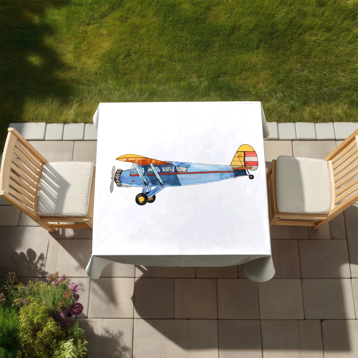 Picture of Begin Home Decor C1TC58583YPPHB 58 x 58 in. Vintage Aviation Tablecloth - Small Blue Plane Home Decor