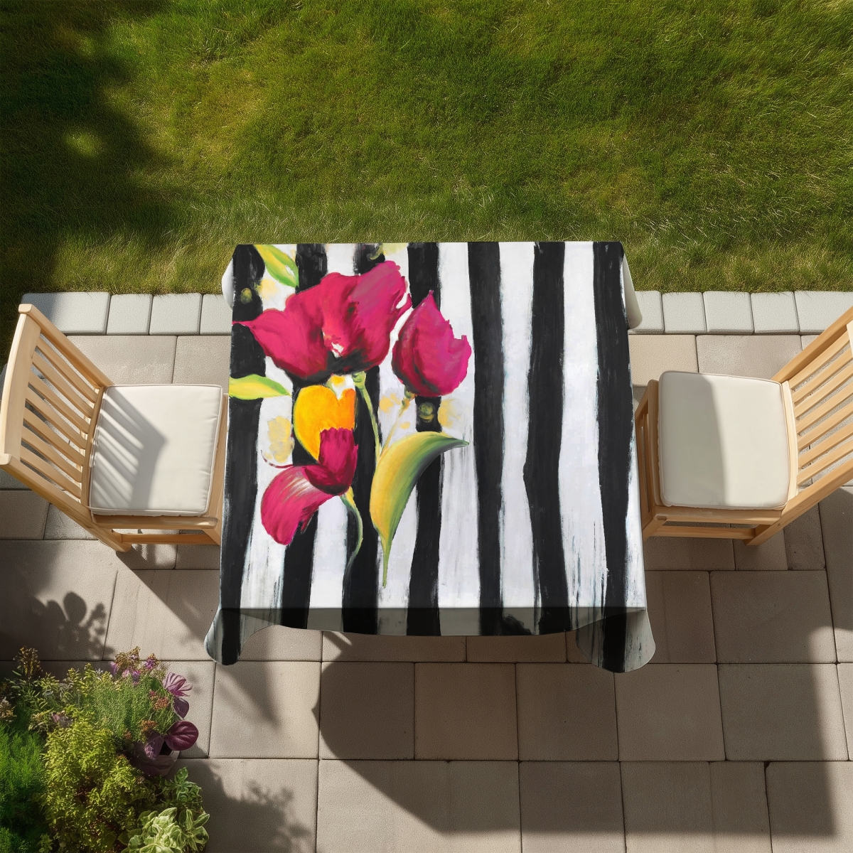 Picture of Begin Home Decor C1TC58589JT8XC 58 x 58 in. Pink Flowers on Black Stripes Tablecloth - Indoor & Outdoor Decor