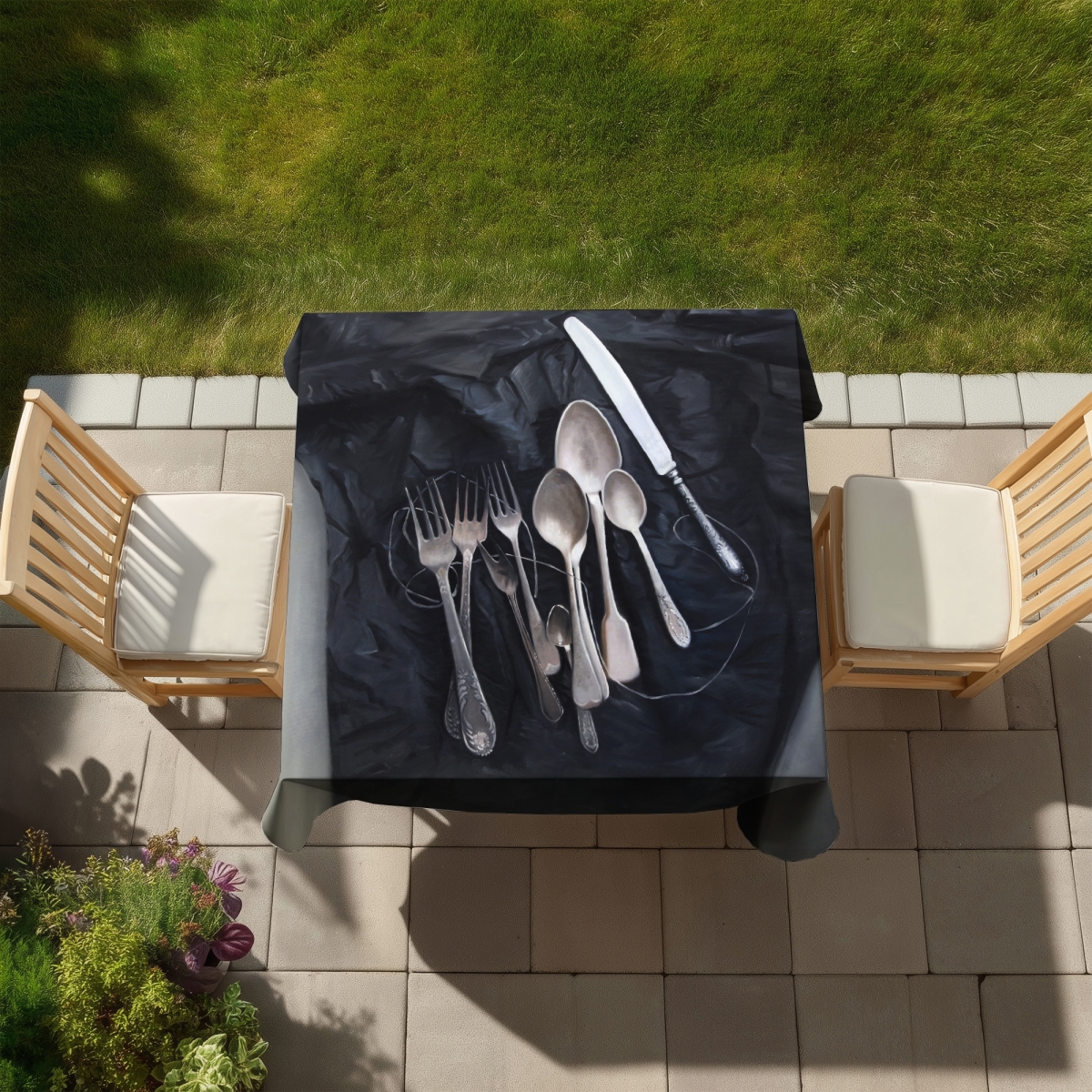 Picture of Begin Home Decor C1TC5858T5Y89V 58 x 58 in. Shapes Kitchen Gray Tablecloth - Vintage Cutlery Design