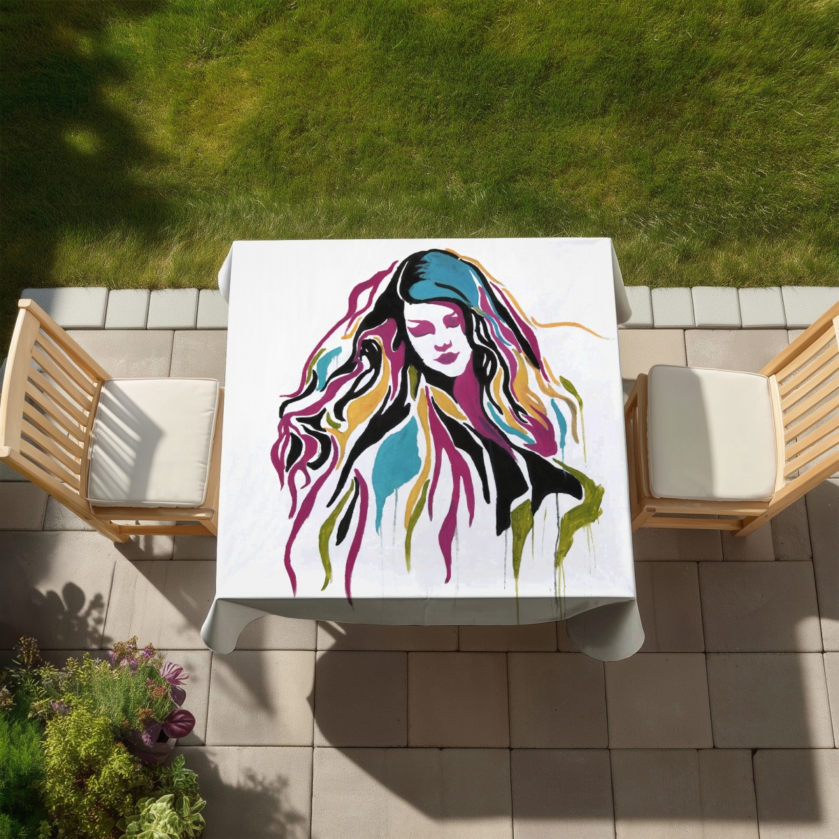 Picture of Begin Home Decor C1TC5858Q1JNZE 58 x 58 in. Yellow Woman Graffiti Art Tablecloth - Indoor & Outdoor Decor
