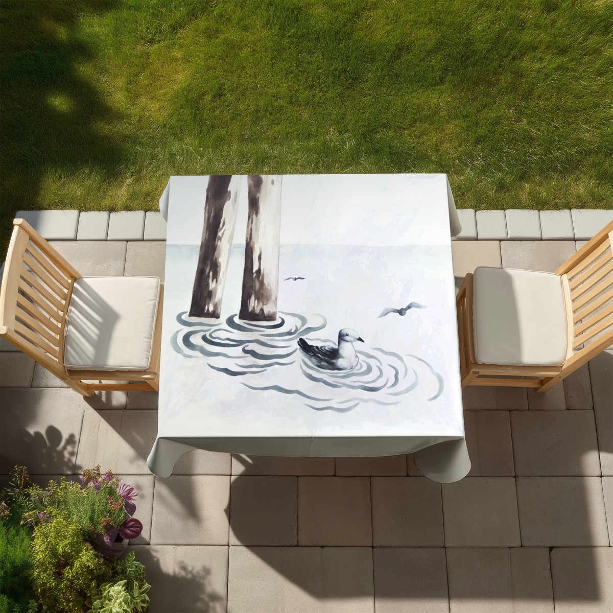 Picture of Begin Home Decor C1TC5858S1F71U 58 x 58 in. Seagull Blue Sea Animals Tablecloth - Indoor & Outdoor Decor