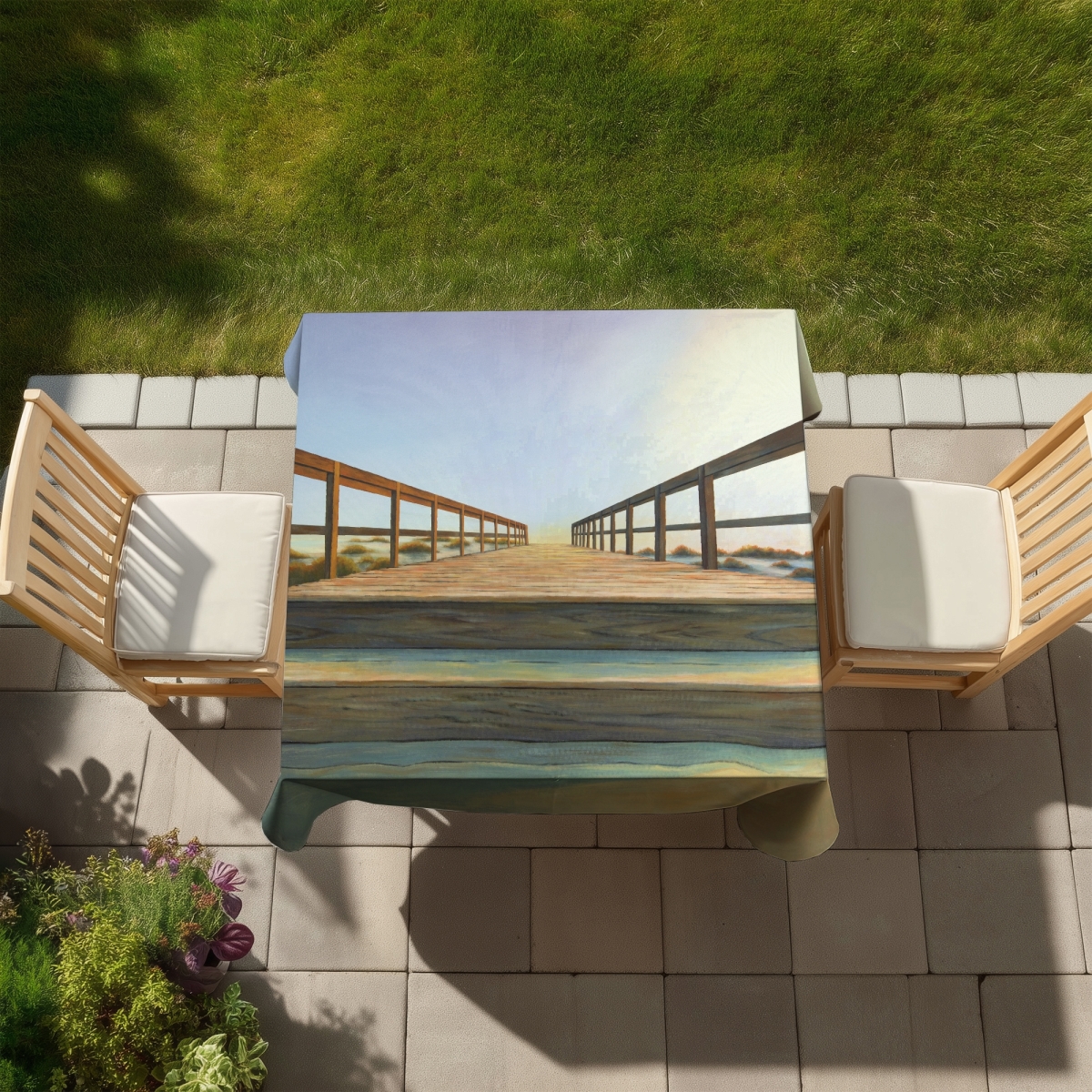 Picture of Begin Home Decor C1TC5858700AFA 58 x 58 in. Marine Blue Coastal Tablecloth - Footbridge Indoor & Outdoor