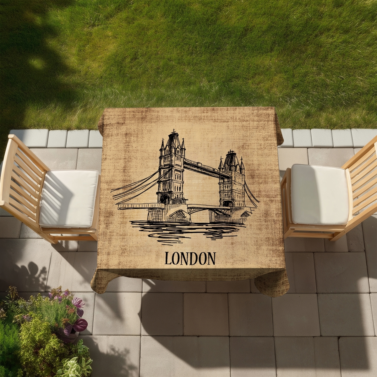 Picture of Begin Home Decor C1TC5858VYNOZA 58 x 58 in. Tower Bridge Illustration Tablecloth - Brown Indoor & Outdoor Decor
