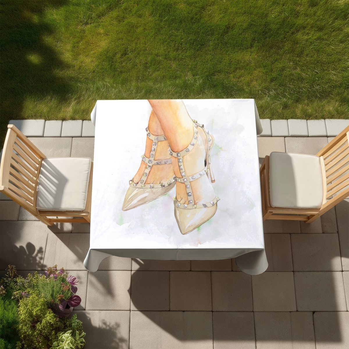 Picture of Begin Home Decor C1TC5858HVARRU 58 x 58 in. White Fashion Shoes Tablecloth - Studded High Heels Decor