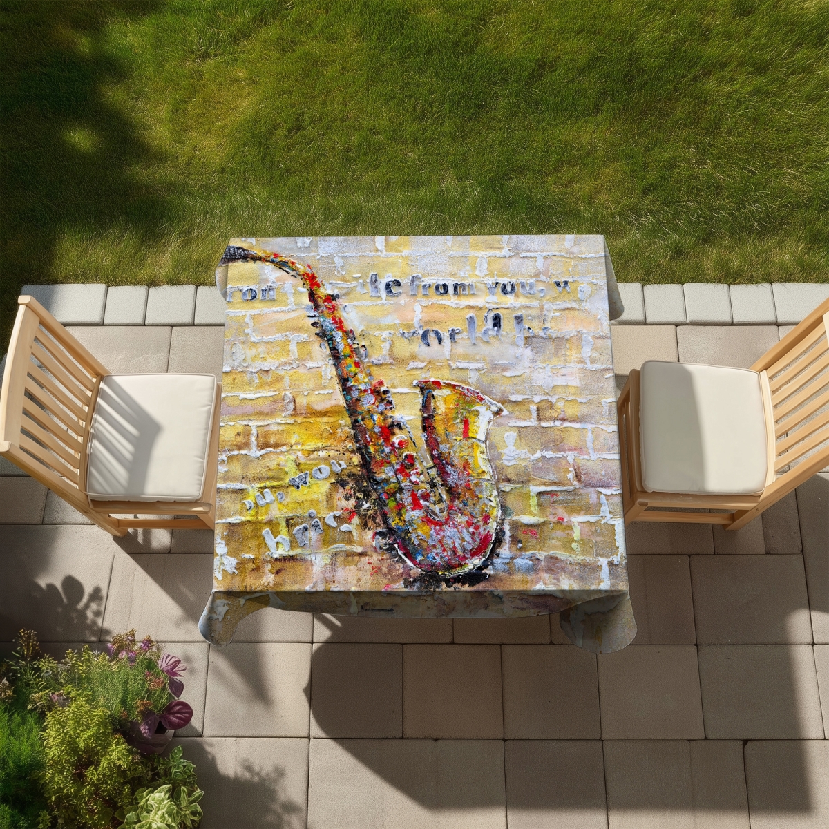 Picture of Begin Home Decor C1TC5858ZKEDKJ 58 x 58 in. Saxophone on Brick Wall Tablecloth - Indoor & Outdoor Decor