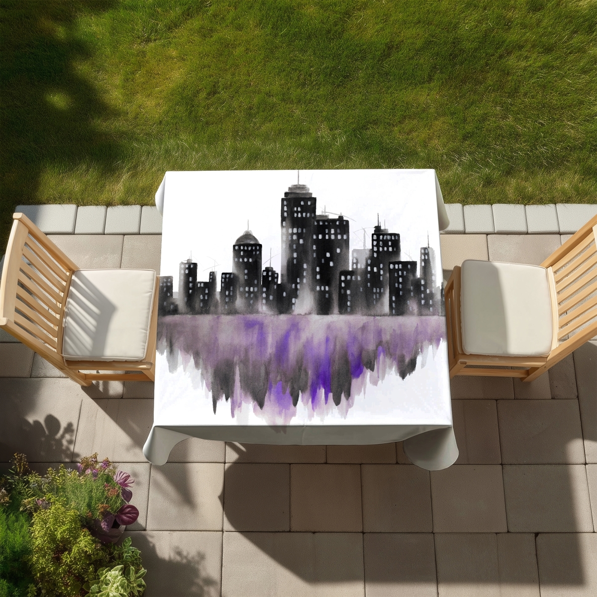 Picture of Begin Home Decor C1TC5858X55QLL 58 x 58 in. Purple Watercolor Cityscape Tablecloth - Indoor & Outdoor Decor