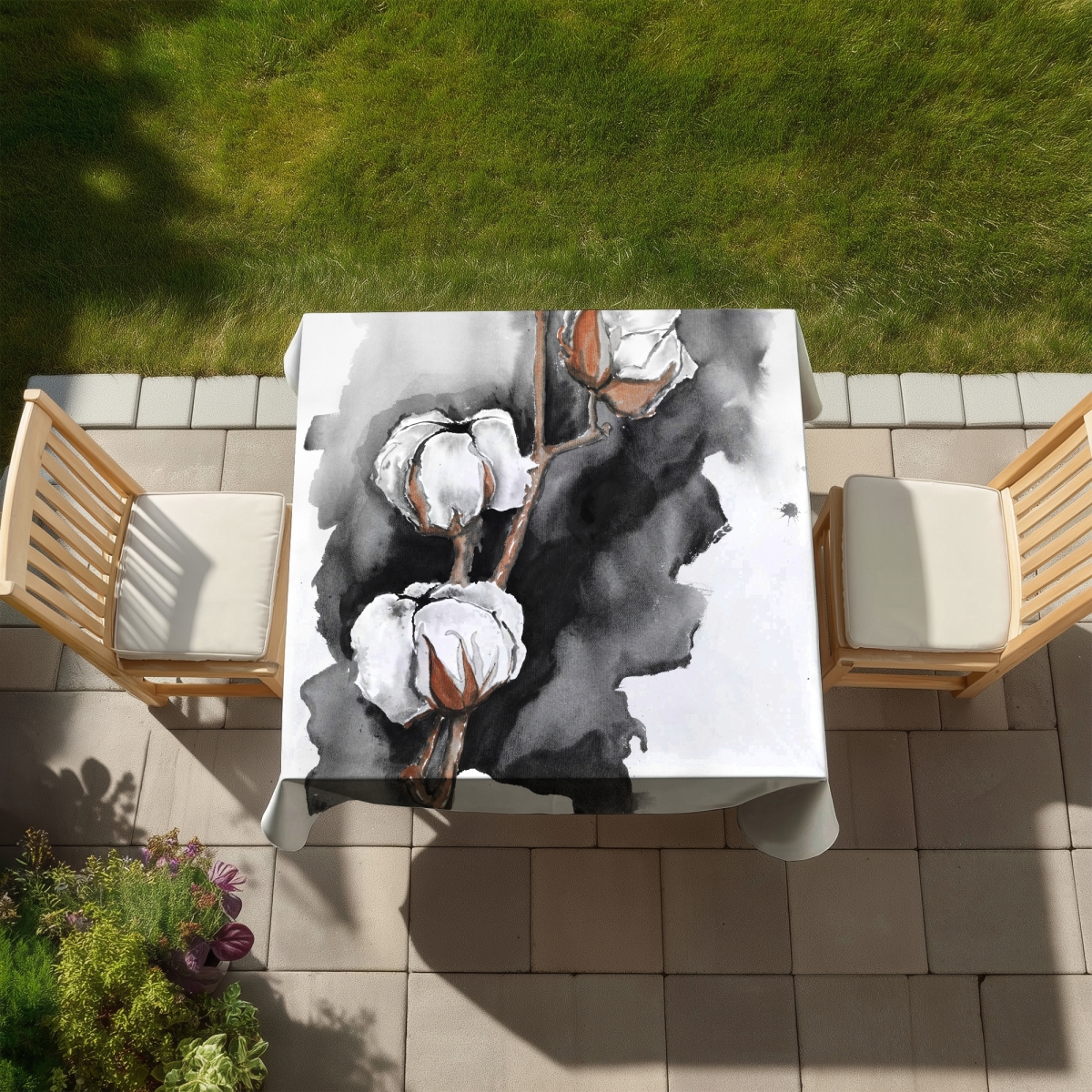 Picture of Begin Home Decor C1TC5858YUAOMH 58 x 58 in. Minimalist White Botanical Tablecloth - Cotton Flowers on Black