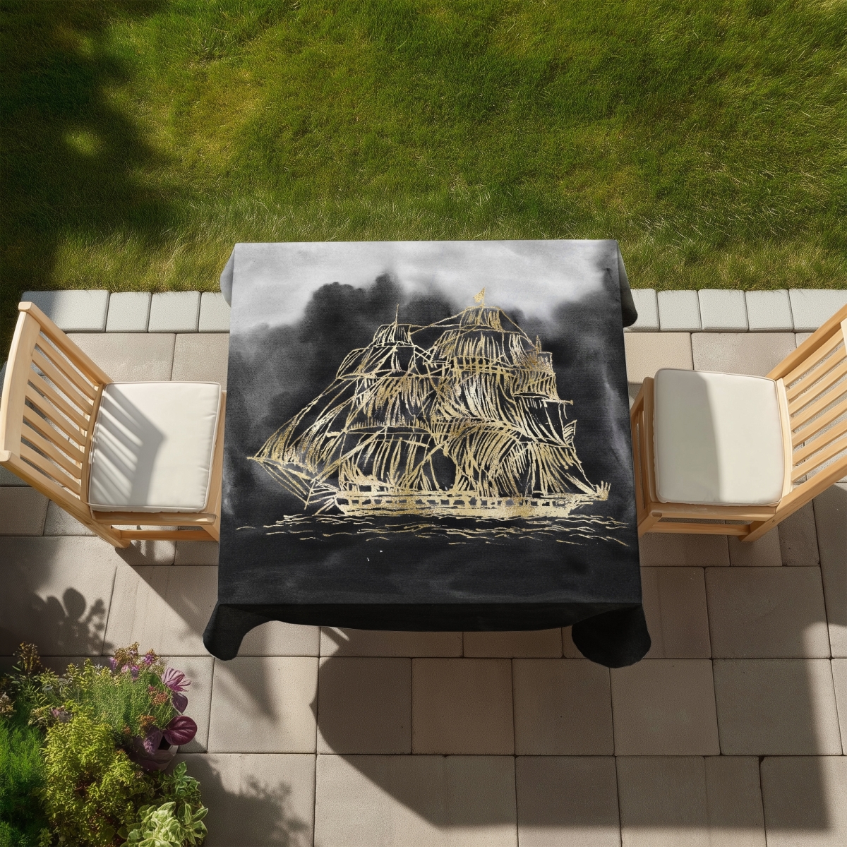 Picture of Begin Home Decor C1TC58589OMVE0 58 x 58 in. Coastal Boat Tablecloth - Old Sailing Ship Design - Home Decor