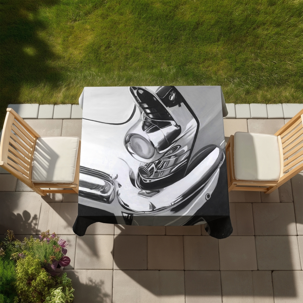 Picture of Begin Home Decor C1TC5858JNBW8I 58 x 58 in. Beautiful Chrome Car Tablecloth - Indoor & Outdoor Home Decor