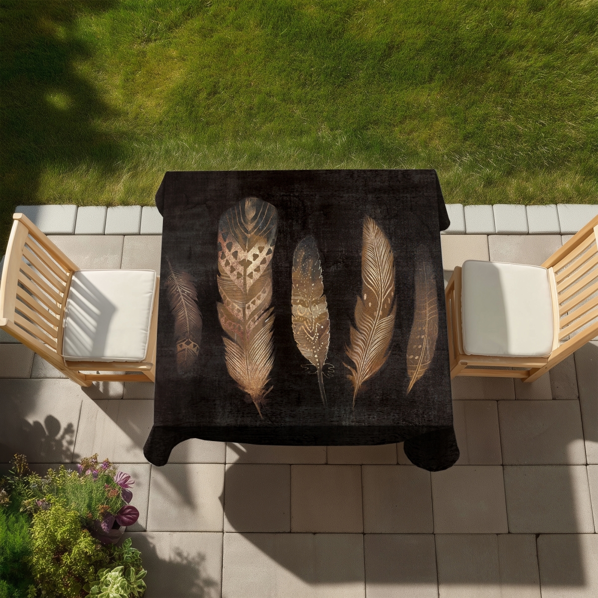 Picture of Begin Home Decor C1TC5858RP7MPE 58 x 58 in. Brown Feathers Bohemian Animals Tablecloth - Indoor & Outdoor Decor