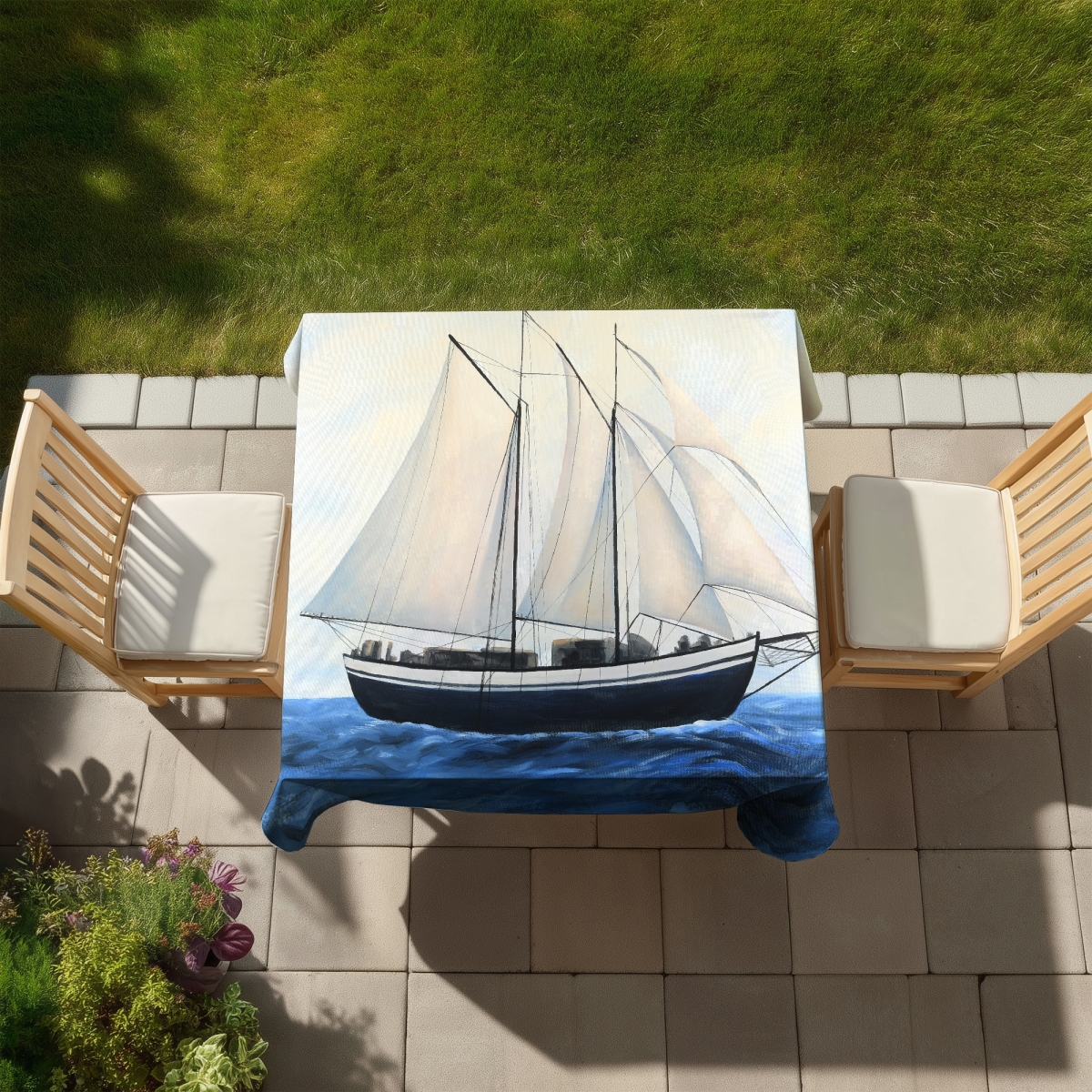 Picture of Begin Home Decor C1TC5858Q7ZSSQ 58 x 58 in. Sailingboat by A Sunny Day Coastal Marine Tablecloth Decor