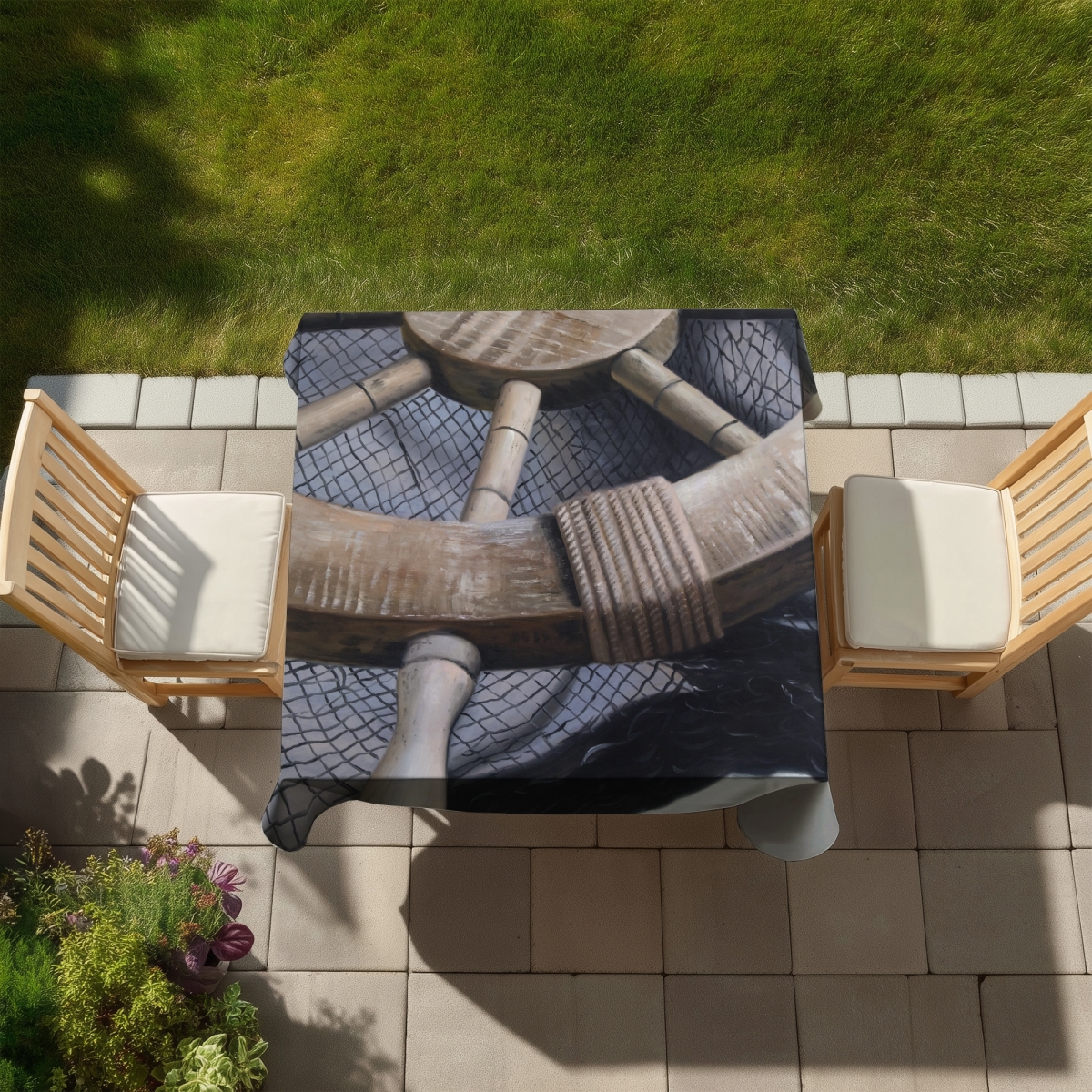 Picture of Begin Home Decor C1TC5858UALQHS 58 x 58 in. Brown Coastal Marine Tablecloth - Helm on A Fishing Net Decor