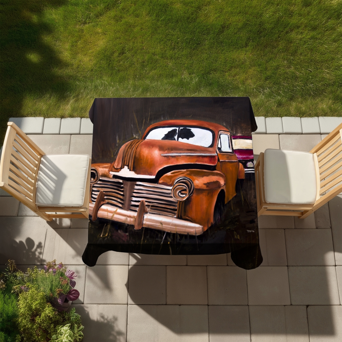 Picture of Begin Home Decor C1TC58581Q6PJC 58 x 58 in. Old Car Crash Brown Tablecloth - Indoor Outdoor Decor