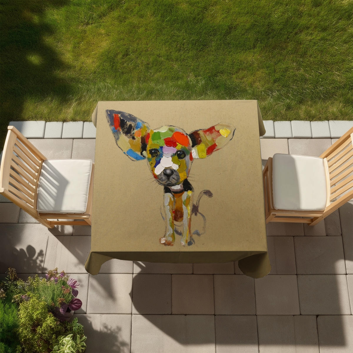 Picture of Begin Home Decor C1TC5858J5AT8D 58 x 58 in. Abstract Chihuahua Tablecloth - Beige Animals - Indoor & Outdoor