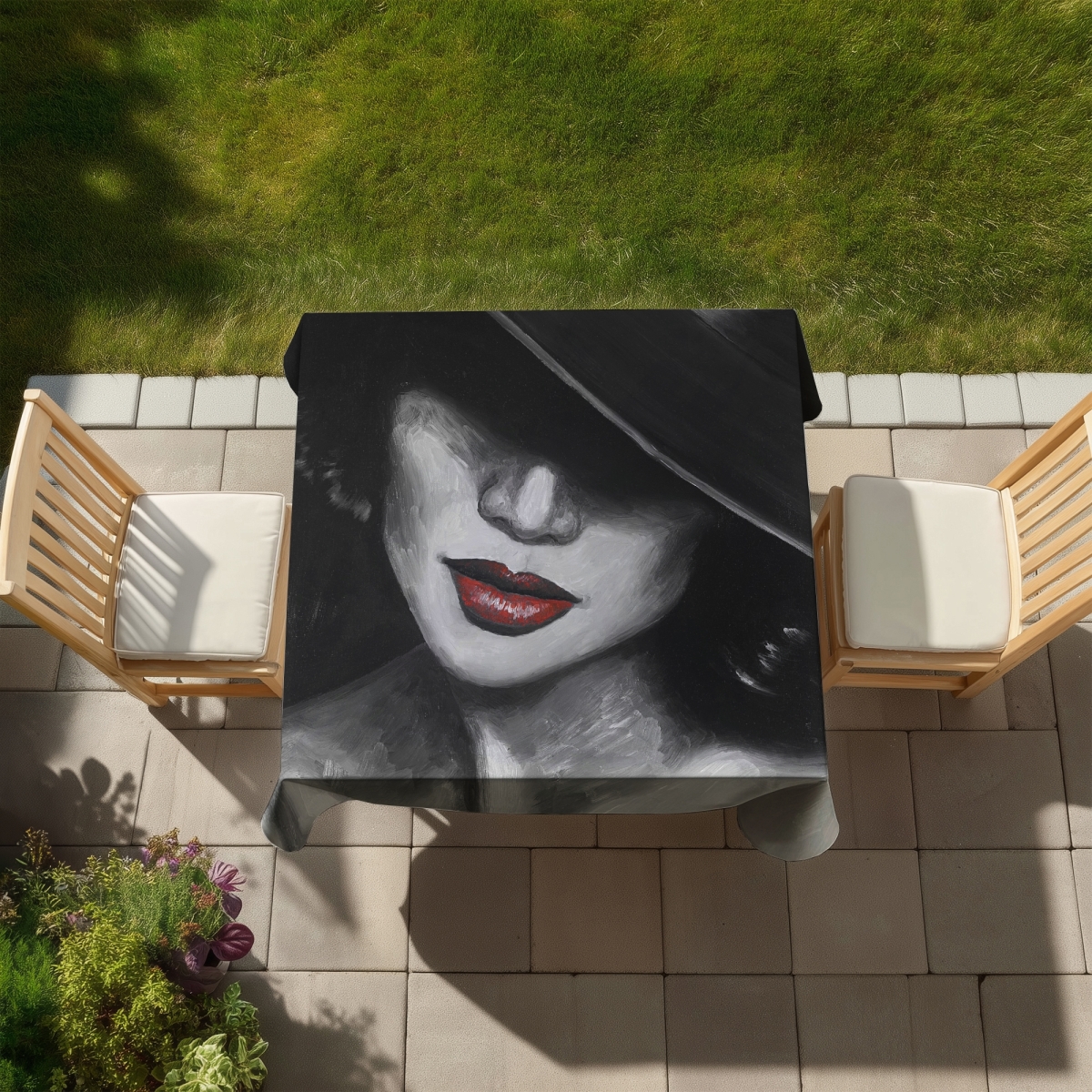 Picture of Begin Home Decor C1TC5858TGWJAP 58 x 58 in. Mysterious Red Lips Lady Gray Tablecloth - Indoor & Outdoor Decor