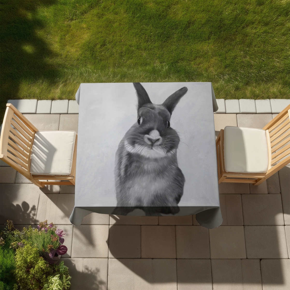 Picture of Begin Home Decor C1TC5858CJ11SY 58 x 58 in. Monochrome White Tablecloth - Funny Gray Rabbit - Home Decor