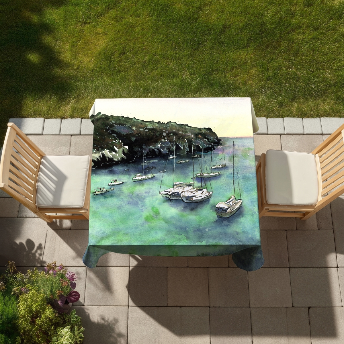 Picture of Begin Home Decor C1TC58589UYR4U 58 x 58 in. Coastal Bathroom Tablecloth - Boats in Cala Macarella Decor