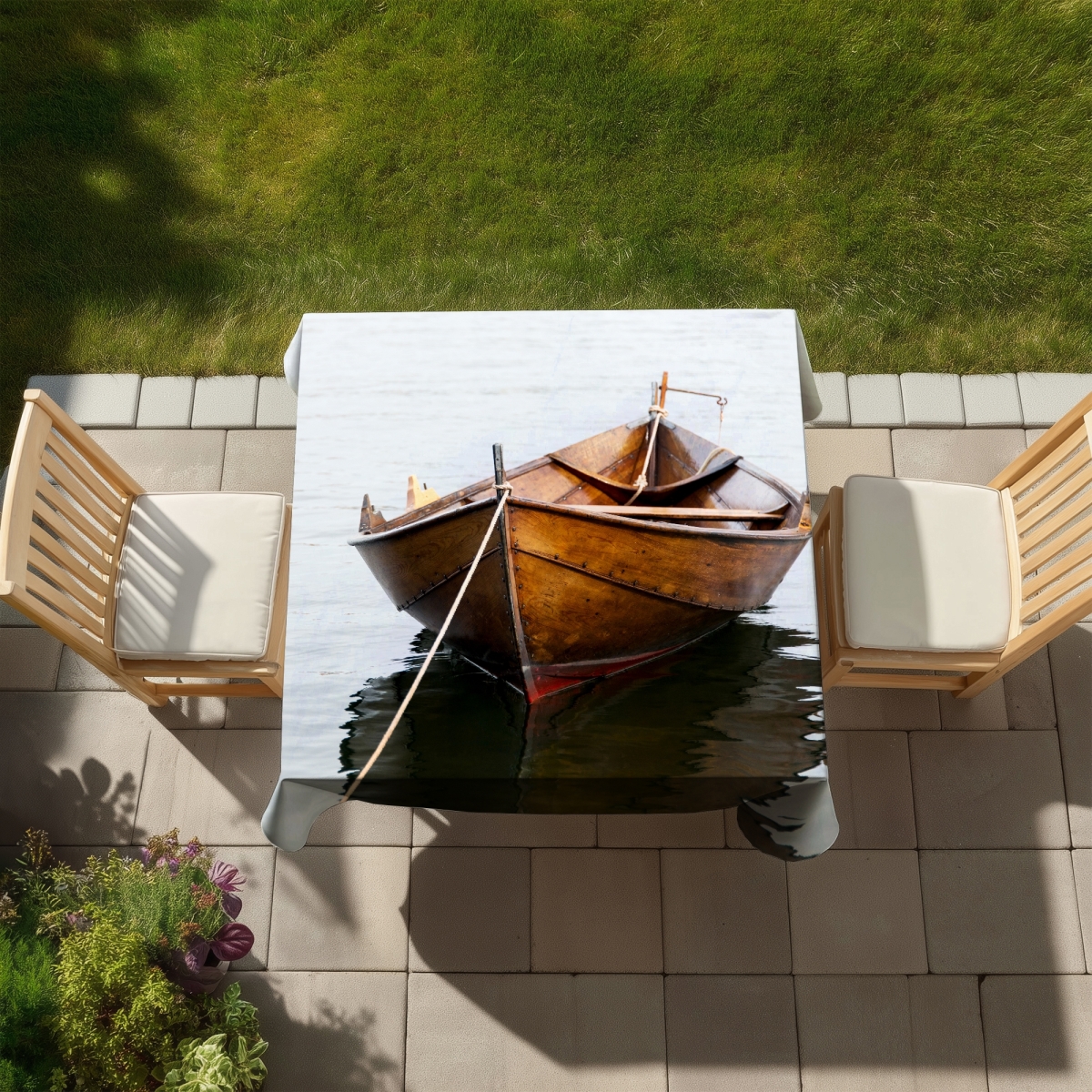 Picture of Begin Home Decor C1TC58588VGZLD 58 x 58 in. White Coastal Tablecloth - Rowboat on Calm Water - Indoor & Outdoor
