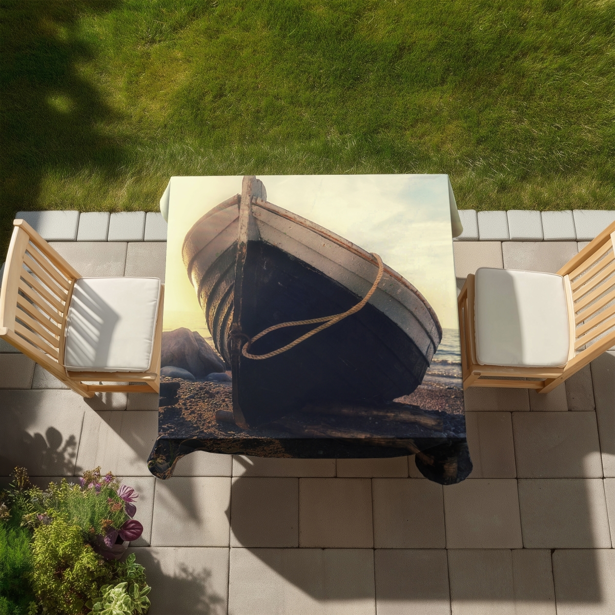 Picture of Begin Home Decor C1TC58580EXSA5 58 x 58 in. Coastal Brown Hobbies Tablecloth - Rowboat at Waters Edge Decor
