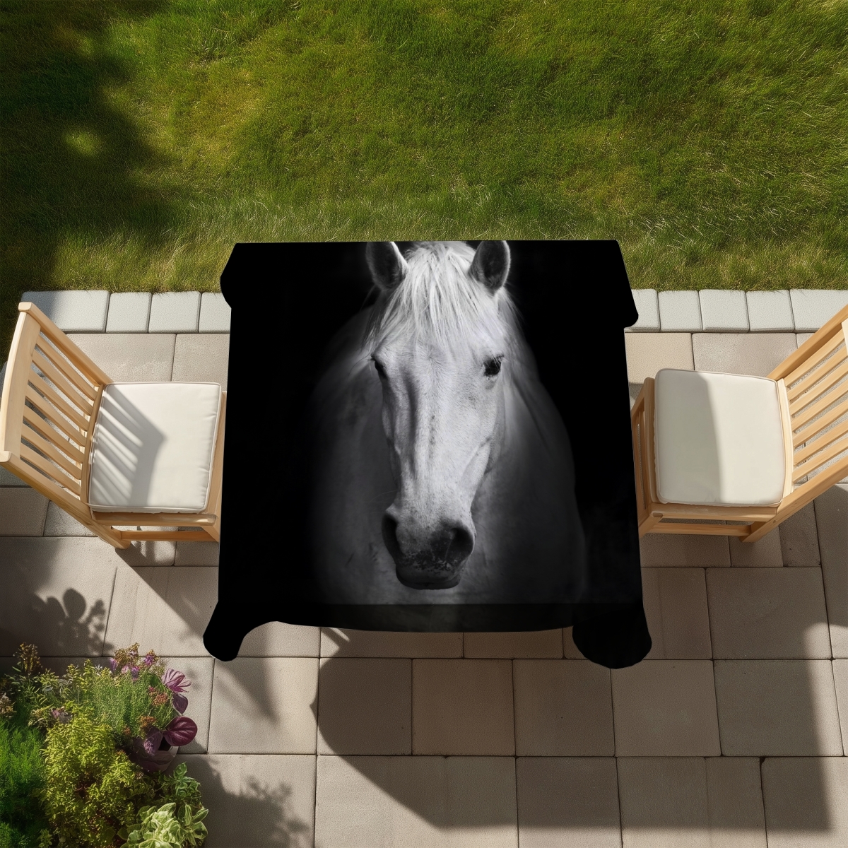 Picture of Begin Home Decor C1TC5858NRF50H 58 x 58 in. White Farm Animal Tablecloth - Monochrome Horse Home Decor