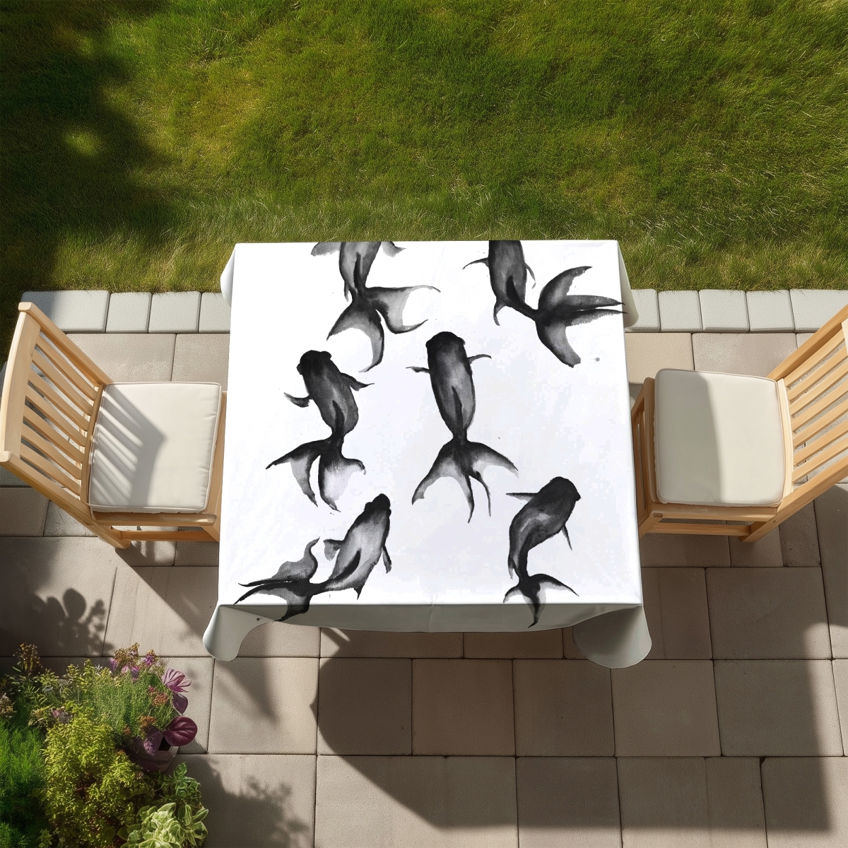Picture of Begin Home Decor C1TC5858NFNV0C 58 x 58 in. Black Fishes Tablecloth - Indoor & Outdoor Home Decor