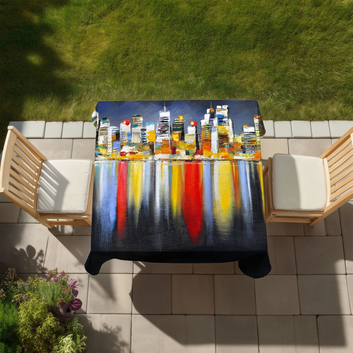 Picture of Begin Home Decor C1TC5858OOSQHW 58 x 58 in. Cityscape Tablecloth - Colorful Night Reflection - Indoor & Outdoor