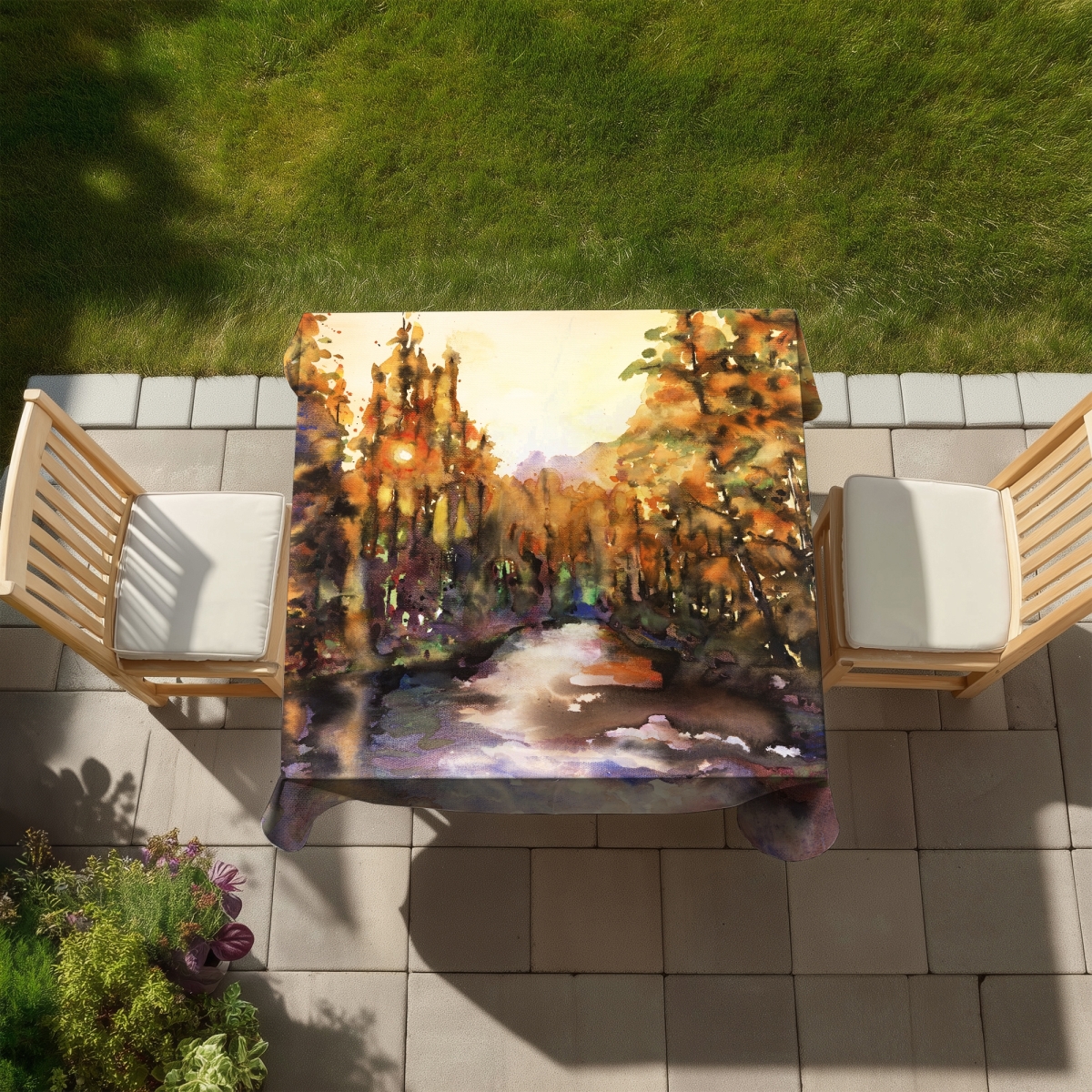 Picture of Begin Home Decor C1TC5858FKJWCG 58 x 58 in. Merced River Tablecloth - Illustrative Landscape Home Decor