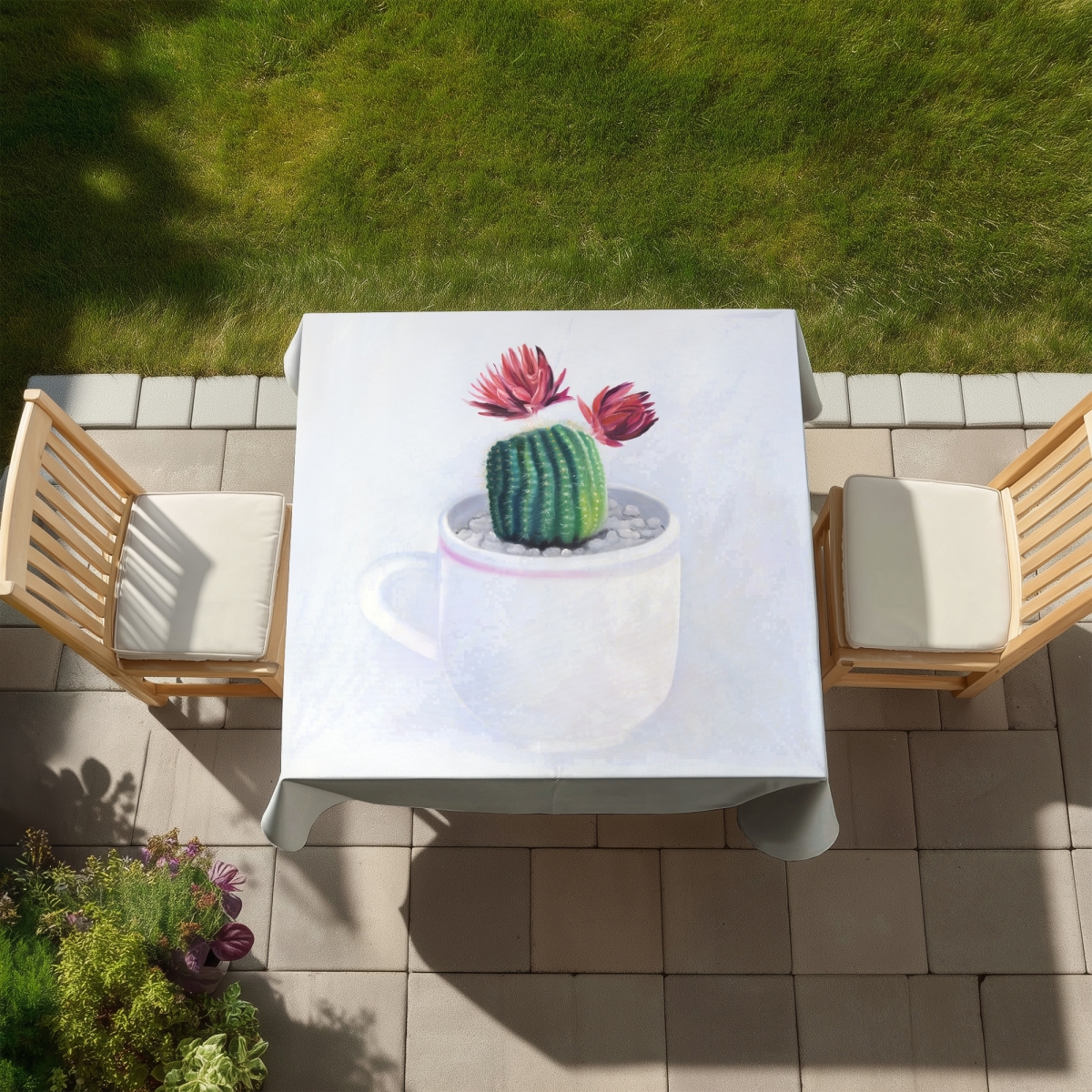 Picture of Begin Home Decor C1TC5858S3J3LS 58 x 58 in. Botanical White Tablecloth - Mini Cactus in A Cup Decor