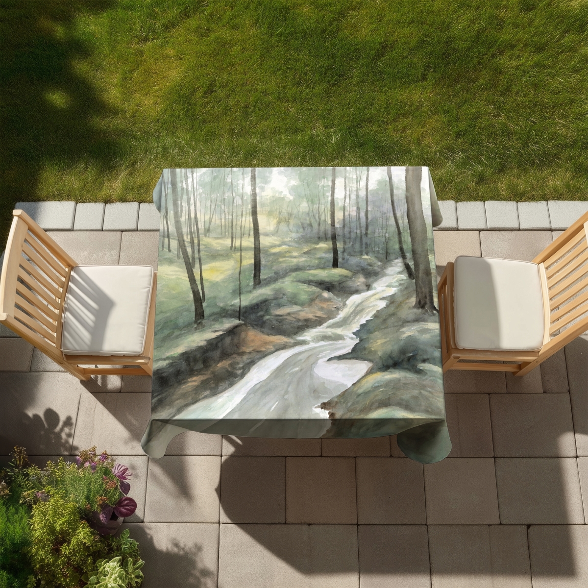 Picture of Begin Home Decor C1TC58582EHW6I 58 x 58 in. Waterfall Blue Trees Tablecloth - Indoor & Outdoor Home Decor