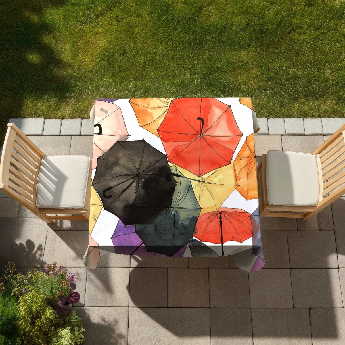 Picture of Begin Home Decor C1TC5858XUAHVB 58 x 58 in. Shapes Red Tablecloth - Suspended Umbrellas for Home Decor