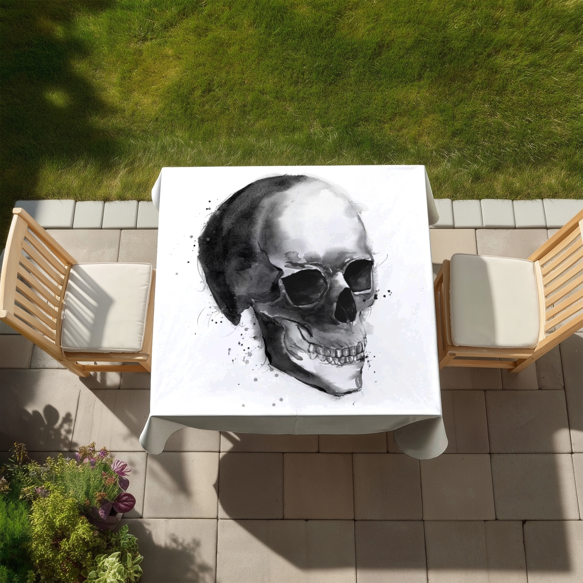 Picture of Begin Home Decor C1TC5858JYDPJX 58 x 58 in. Black & White Skull Tablecloth - Indoor & Outdoor Man Cave Decor