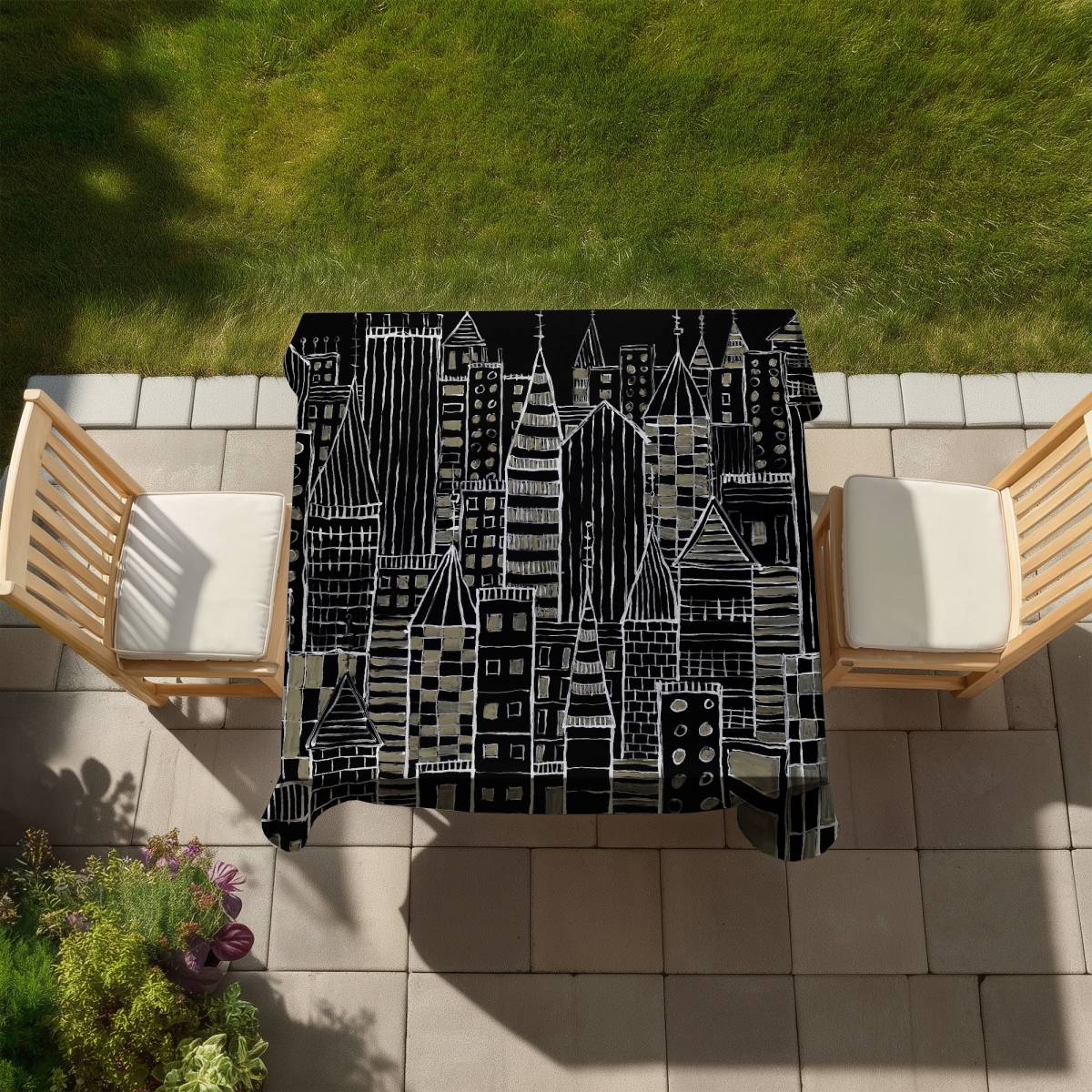 Picture of Begin Home Decor C1TC58584OPX2H 58 x 58 in. Illustrative Dark City Black Tablecloth - Indoor & Outdoor Decor