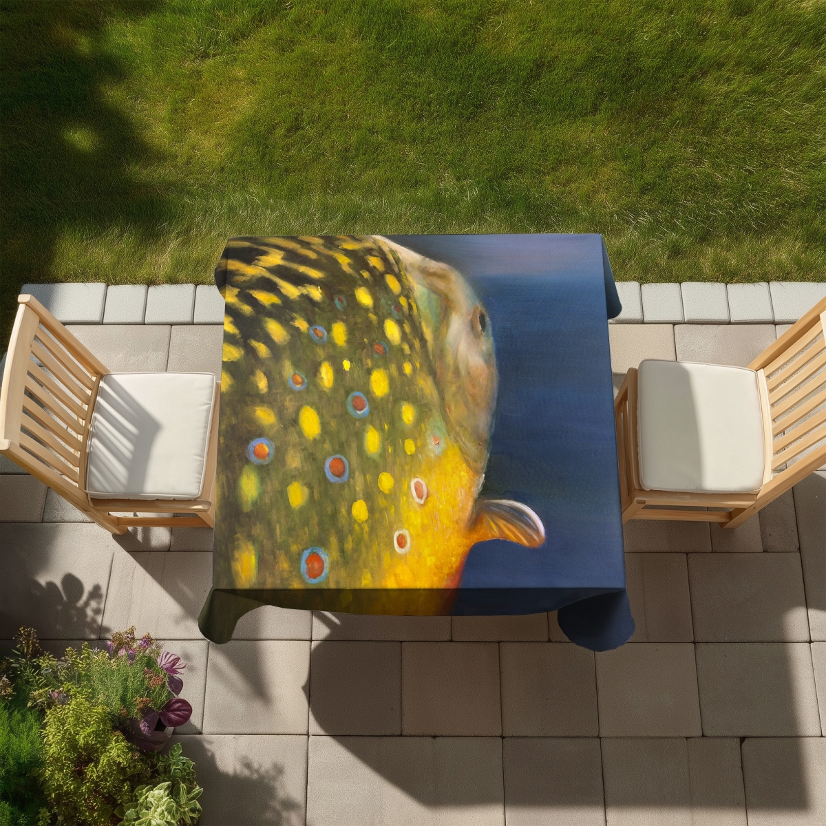 Picture of Begin Home Decor C1TC5858L0TFLX 58 x 58 in. Rustic Golden Trout Fish Blue Tablecloth - Indoor & Outdoor Decor