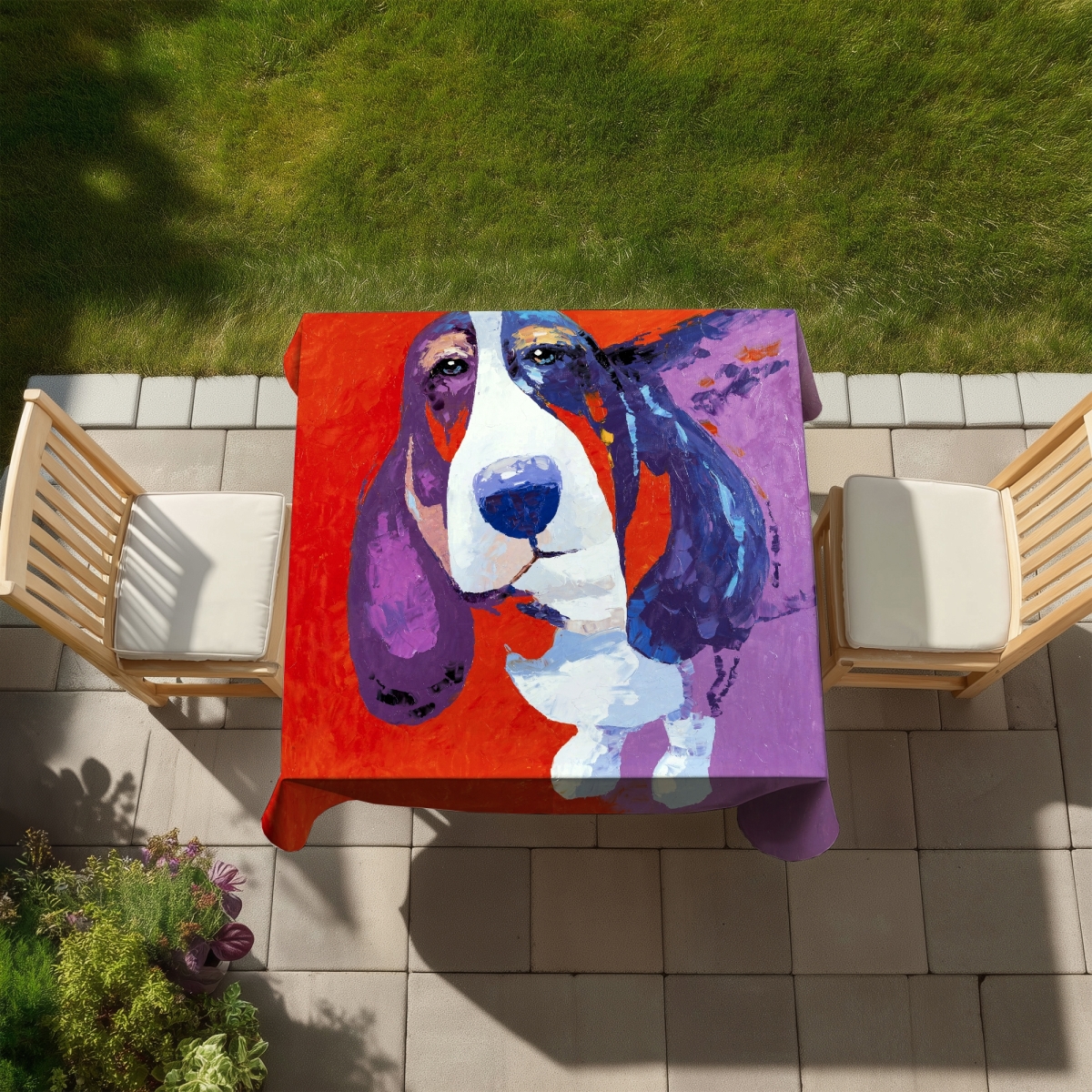 Picture of Begin Home Decor C1TC5858UNUKPR 58 x 58 in. Abstract Colorful Basset Dog Tablecloth - Indoor & Outdoor Decor